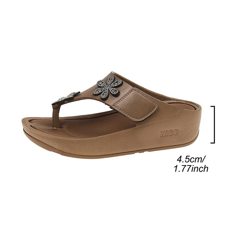 Fashion Flower Decor Wedges Sandals Women Shiny Crystal Thick Sole Non Slip Chunky Platform Slippers Plus Size Light Comfort Flip Flops