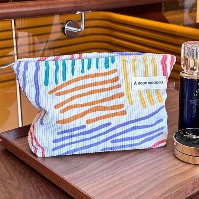 Corduroy Portable Cosmetic Bag Striped Waterproof Toiletry Organizer Large Capacity Skin Care Storage Bag for Hiking Trip