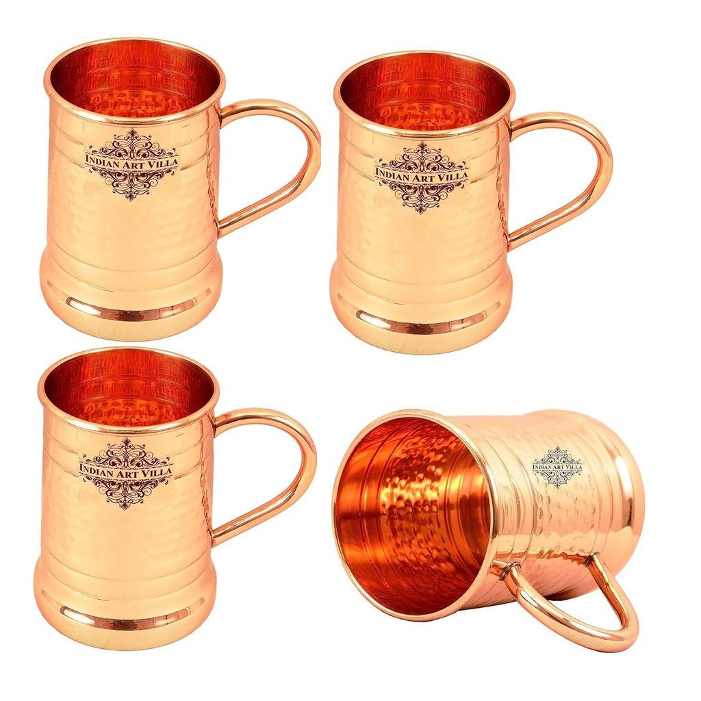 Pure Copper Tankard Shaped Ringed Design Moscow Mule Beer Mug Cup, Best for Beer Cocktail Parties, Barware, Volume-600ML, Set of 4