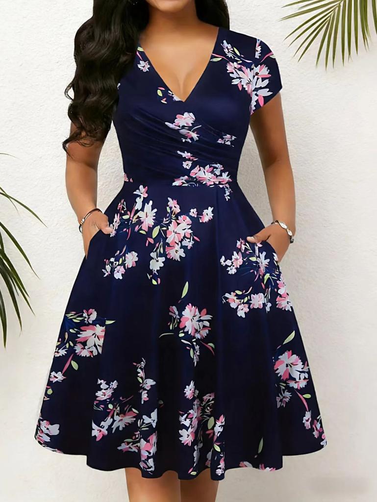 V-Neck Floral Print Midi Dress with Ruffled Waist In Multi-colors
