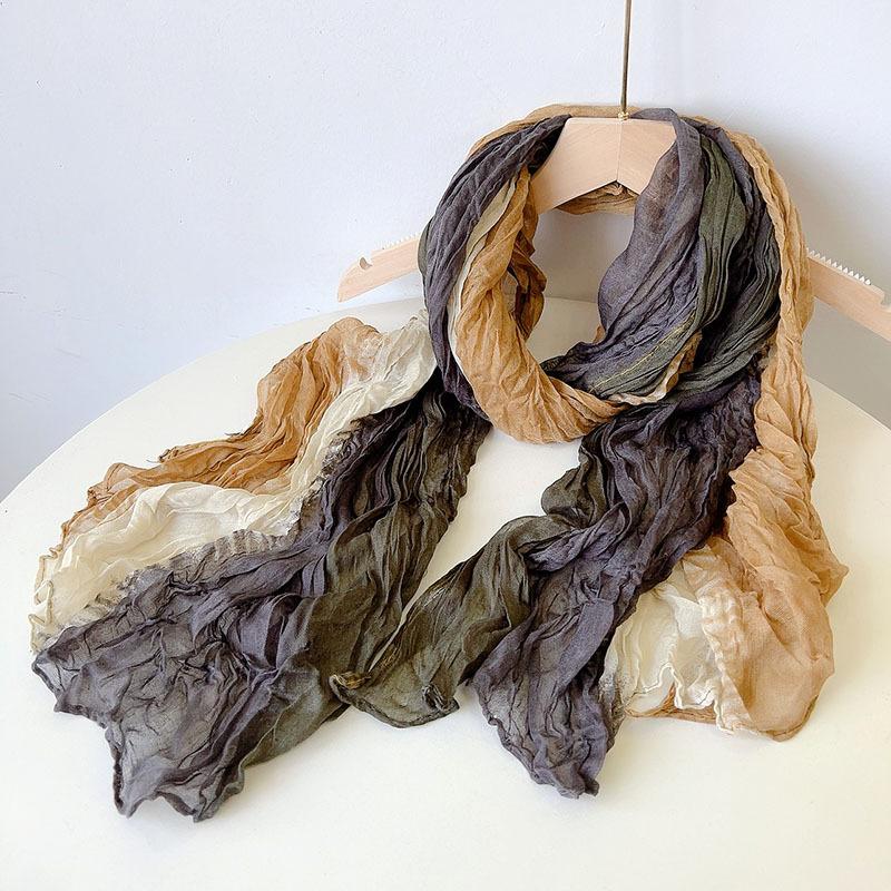 Retro Pleated Color Matching Scarf Soft Versatile Slender Silk Scarf Women'S Autumn And Winter Warm Neck Protection Scarf Shawl