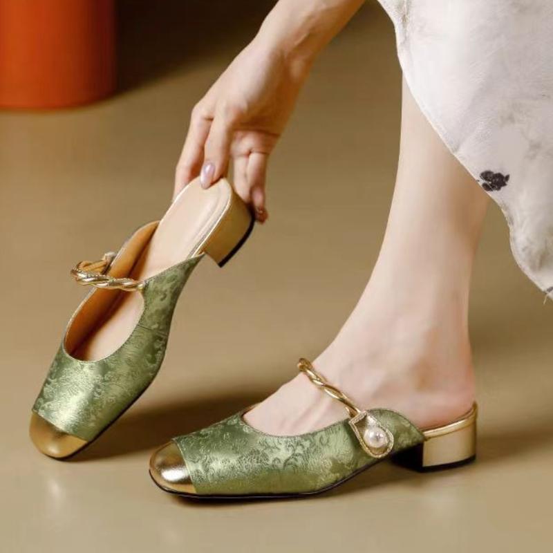 Fashion Spring and Autumn New Brand Square Toe Women's Thick Heel Slippers Fashionable Women's Elegant Low Heel Slip-On Sandals