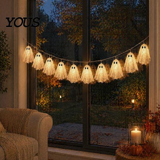 Easy Hanging Ghost String Garland 6.6FT Halloween Light Up Garland, Lace LED Fairy Light, Cozy Autumn Home Decorations Spooky Bunting Banner