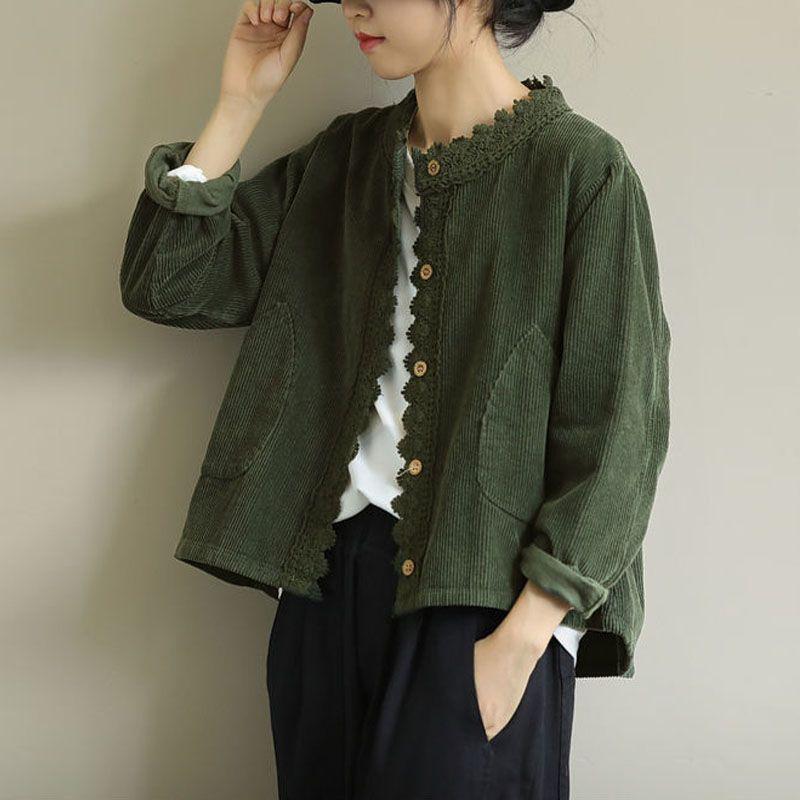 Loose Literary Long-sleeved Round Neck Women's Jacket Spring Solid Color Corduroy Lace All-match Short Jacket Stitching