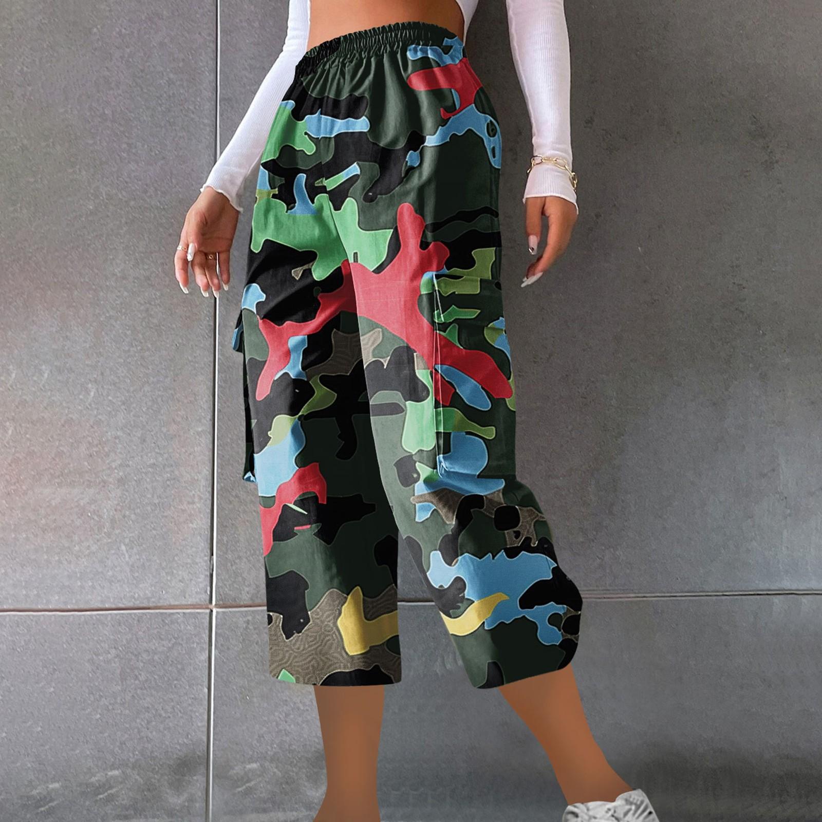 

Ladies Casual Work Pants With Elastic Waistband And Camouflage Printed Cropped Pants L