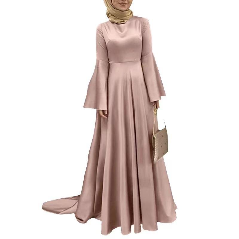 

2024 Fashion Satin Dress for Women: Middle Eastern Muslim Style with Bell Sleeves and Fitted Waist M
