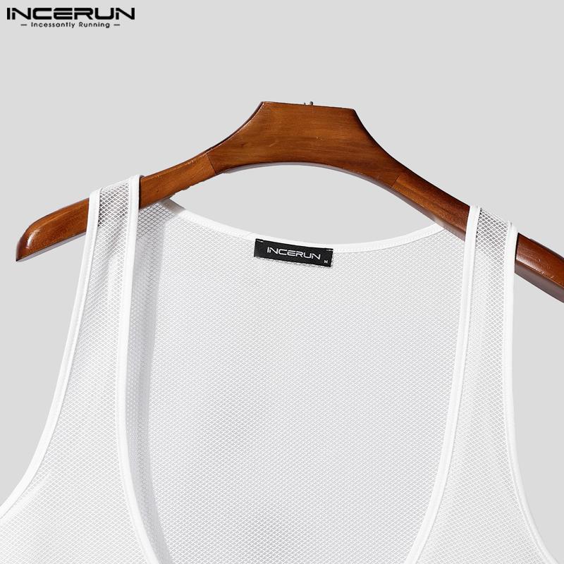 INCERUN Men Deep U Neck Sleeveless Mesh See Through Party Beach Tank Tops
