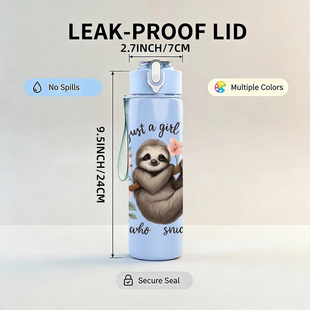 1PC Sloth Holding Flower Print 750ml Color Plastic Sports Water Bottle Leakproof Flip Straw Lid Suitable for Sports Office Home Use