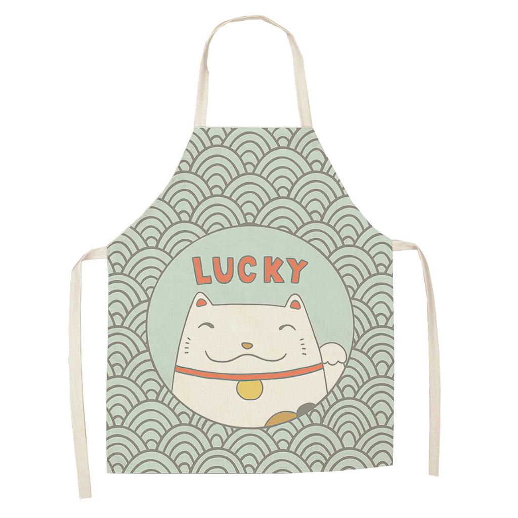 Cotton and Linen Apron Japanese Cartoon Lucky Cat Cooking Sleeveless Bib Waterproof Anti-greasy Kitchen Supplies Chef Apron