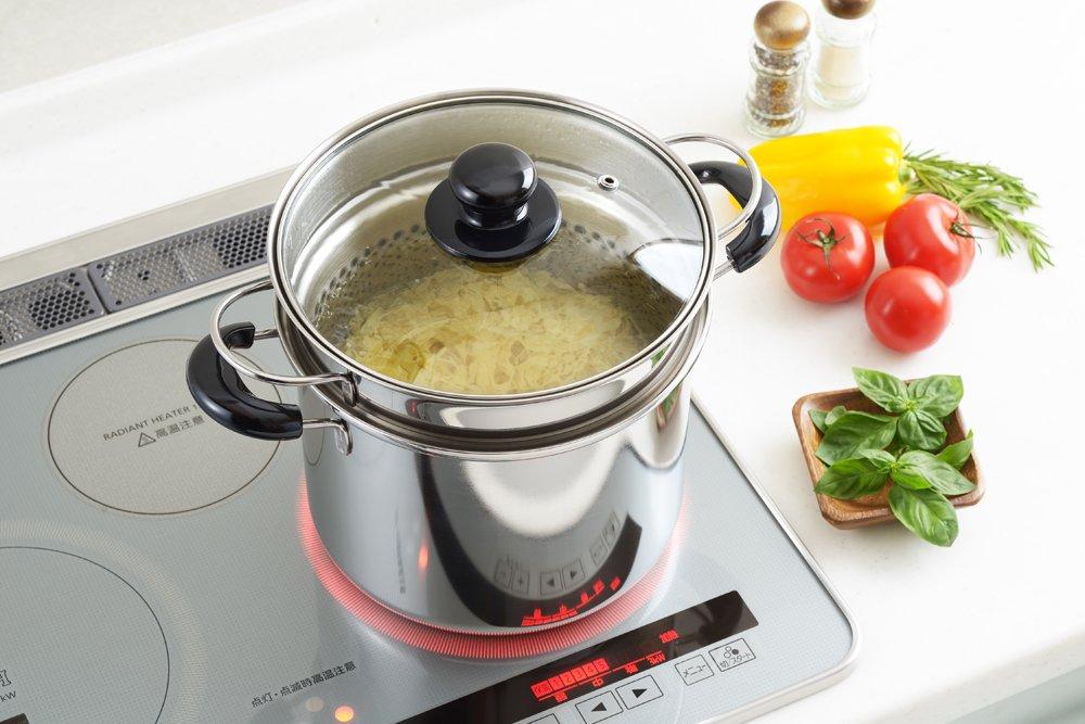 Hrnec na těstoviny Yoshikawa Cook Look II, 22 cm, skleněná poklice s jádrem, nerezová ocel, kompatibilní s ohněm, vyrobeno v Japonsku, SJ2187, 6,5 l, obouruční, plynový/IH