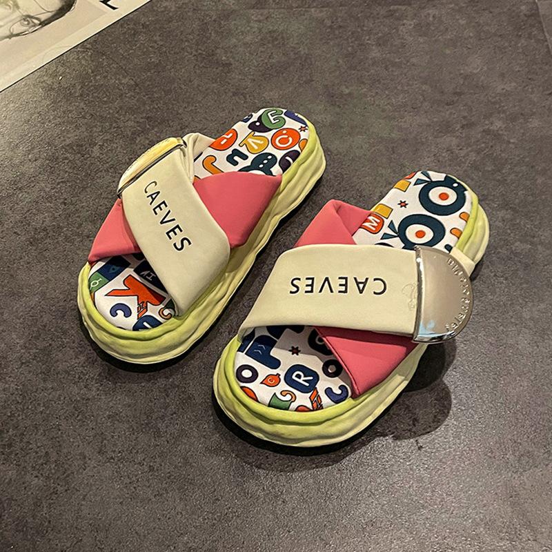 Piaohong Thick-soled Cross-cool Slippers for Women's Outer Wear 2025 Summer New Graffiti Beach Stepping On Shit Sandals for Women Non-slip