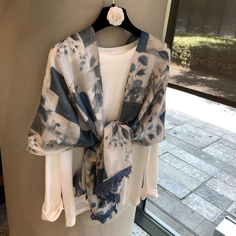 High-End Shawl Silk Scarf Women'S Bali Yarn Silk Scarf Korean Plain Leaf Print Scarf Cape Versatile Cape Cape