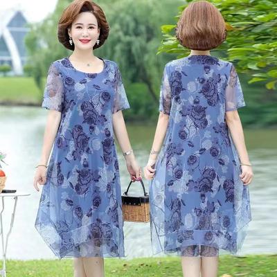 Women Summer Casual Dress Ladies Middle-aged Print Short Sleeve Pleated Dresses Female Vintage Mesh Yarn Floral Dress Vestidos