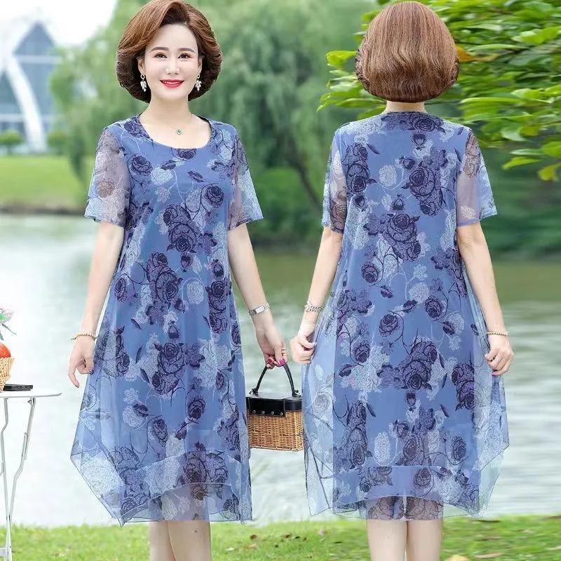 Women Summer Casual Dress Ladies Middle-aged Print Short Sleeve Pleated Dresses Female Vintage Mesh Yarn Floral Dress Vestidos