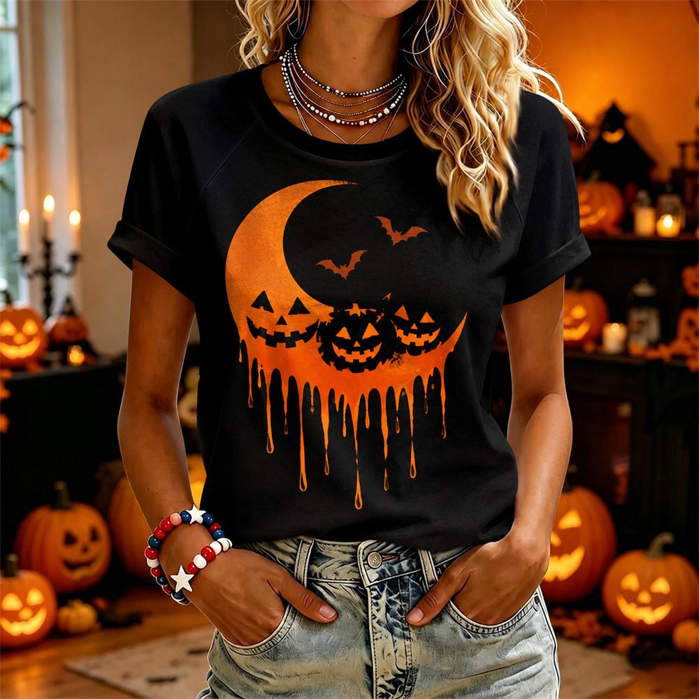 Simple Casual Cartoon Style Pumpkin Print Halloween T-shirt For Men Women Short Sleeve Round Neck Black T Shirts New Trend