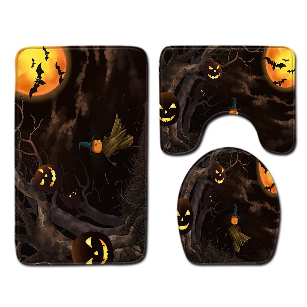 Halloween Shower Curtain Floor Mat Combination Four-Piece Set Bathroom Toilet Carpet Shower Room Foot Mat