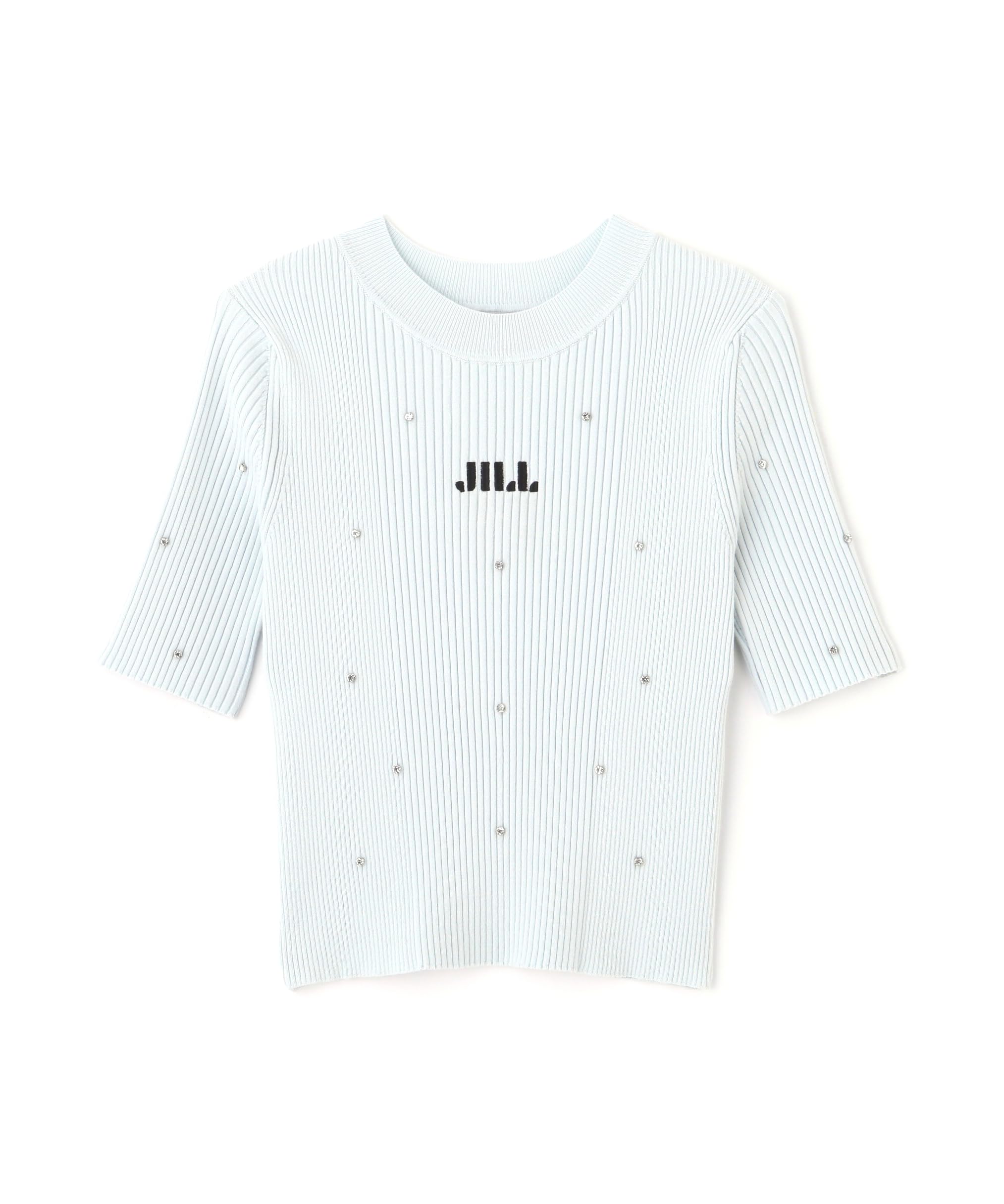 

Женский свитер с коротким рукавом Jill by Jill Stuart с компактным логотипом из драгоценных камней, синий