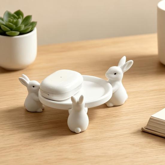 jijijing 3D Printed Cute Rabbit Tray Figurine, Multi-Functional Desktop Storage Holder for Headphones Jewelry Small Trinkets, Stable White Ring-Shaped