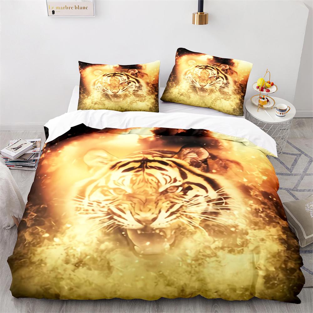 Purple Fire Tiger Duvet Cover Set 3D Print Wild Animals Queen King Size Bedding Set For Kid Boy Teen Comforter Cover With Zipper