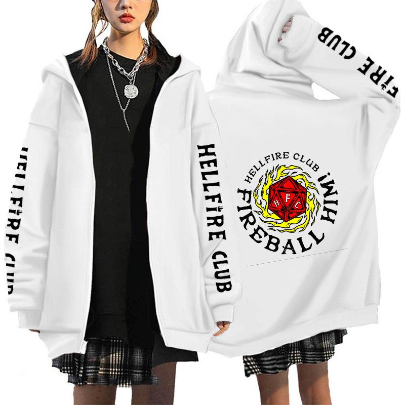

2025 Winter Harajuku Cartoon Hellfire Club Graphic Hooded Men s Zipper Hooded Casual Loose Sweatshirt Zipper Coat XXS білий
