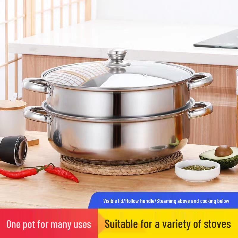 Stainless Steel Double-Ear Two-Layer Steamer Pot for Induction and Soup