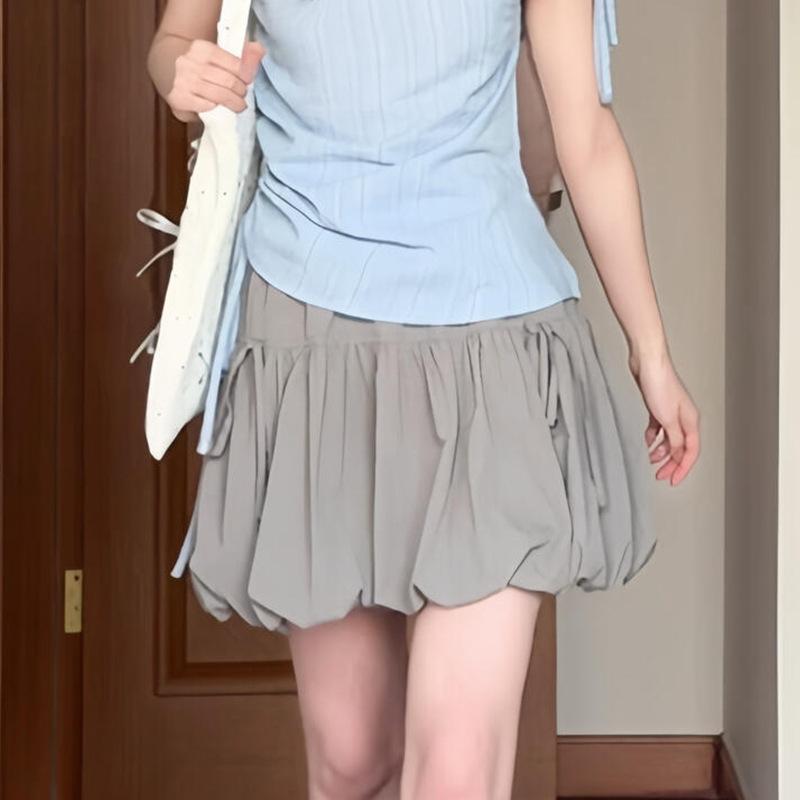 Bow Strap Bud Puffy Skirt Women's Summer Casual Elastic High-waisted A-shaped Skirt