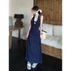 Blue Neck Sling Hip Dress for Children's Summer New Casual Backless Temperament Floral Dress