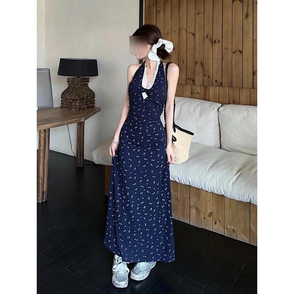 Blue Neck Sling Hip Dress for Children's Summer New Casual Backless Temperament Floral Dress