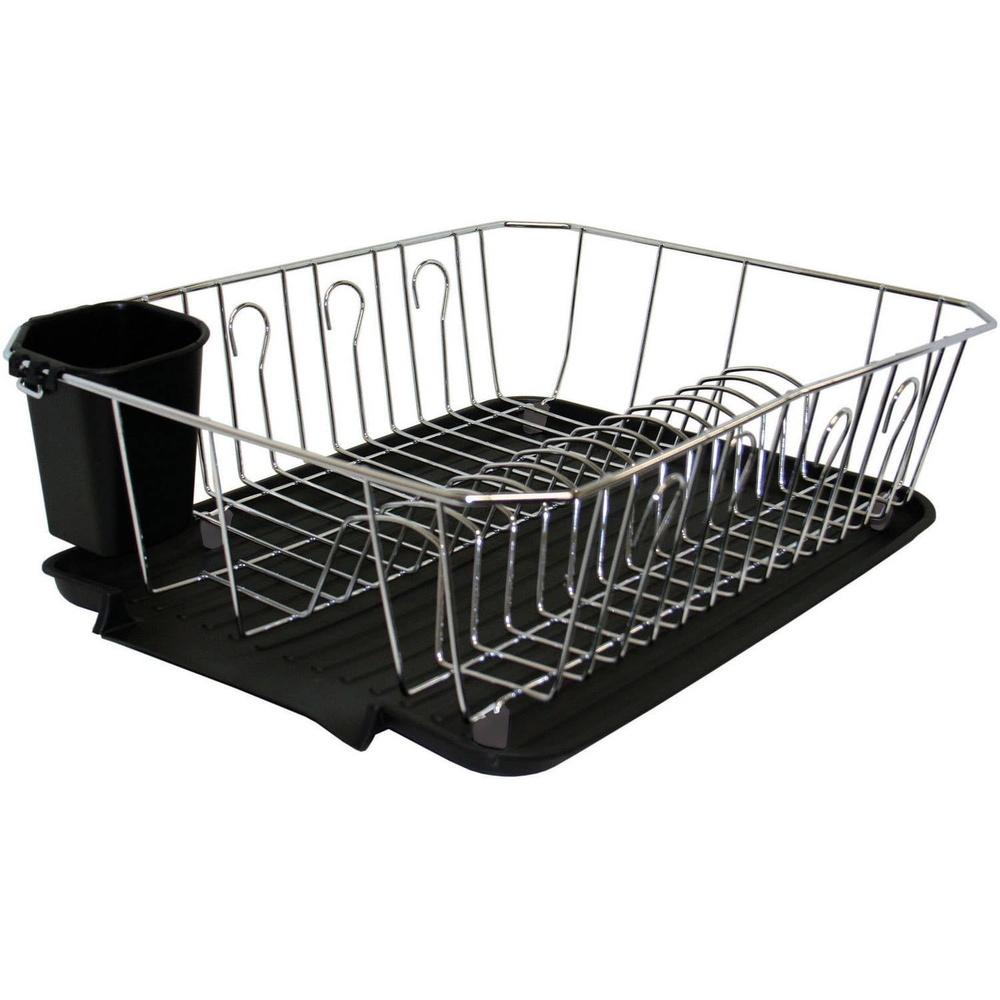 Chrome Dish Rack Set 3 Piece Iron Construction Rust Resistant Dish Drainer with Cutlery Basket and Water Catching Tray