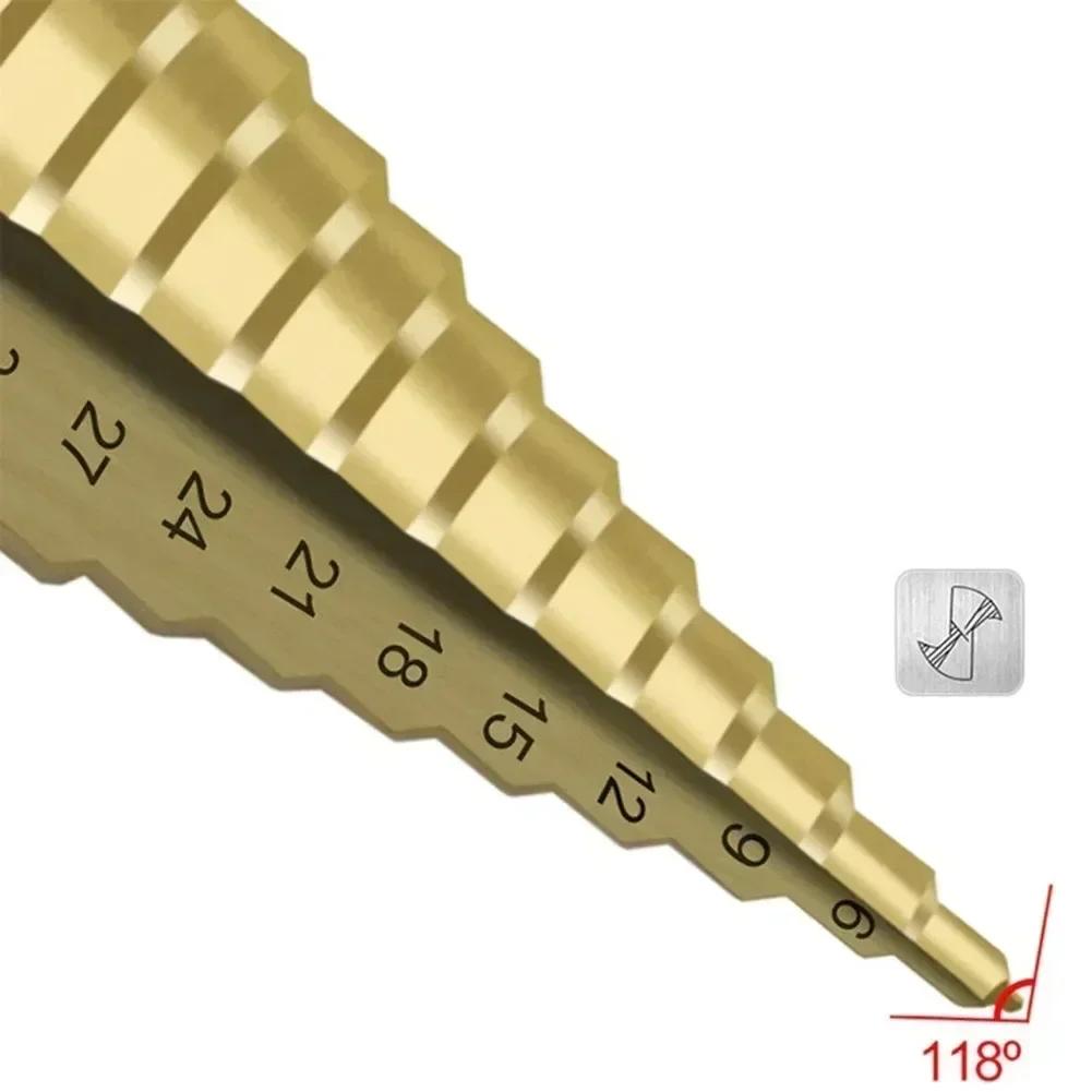 HSS Step Cone Drill Bit 4-42mm Round Handle Titanium Plated Hole Cutter Spiral Fluted Step Cone Drill Wood Metal Hole Cutter
