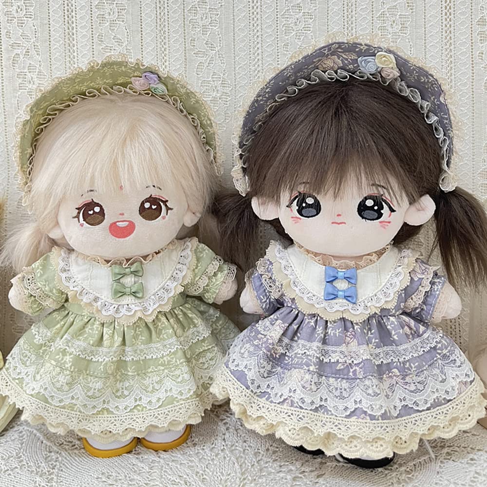 niannyyhouse 20cm Plush Clothes, Vintage Floral Lace Dress, Headwear, Dress-Up, Cotton Doll, Accessories (Gray-Blue)