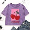 Red Cherry Fruit Print Washed T-Shirt Women Summer Casual T Shirts Slim Crewneck Crop Short Sleeve Cotton Vintage Top
