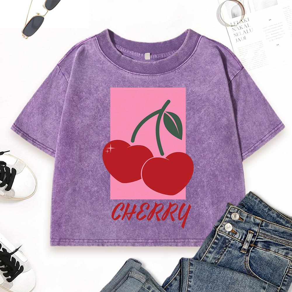 Red Cherry Fruit Print Washed T-Shirt Women Summer Casual T Shirts Slim Crewneck Crop Short Sleeve Cotton Vintage Top