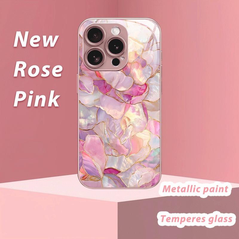 Creative Pink Crystal Floral Charm Metallic Glass Phone Case For iPhone 17 16 15 14 13 12 11 Pro Max 15 14 Plus 17 Air 16E Cover