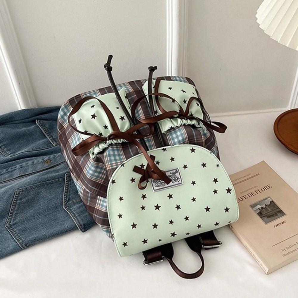 Sweet Bow Double Shoulder Bag Plaid Pattern Contrast Color Student Schoolbags Grid Pattern Star Print Mint Green Small Backpack