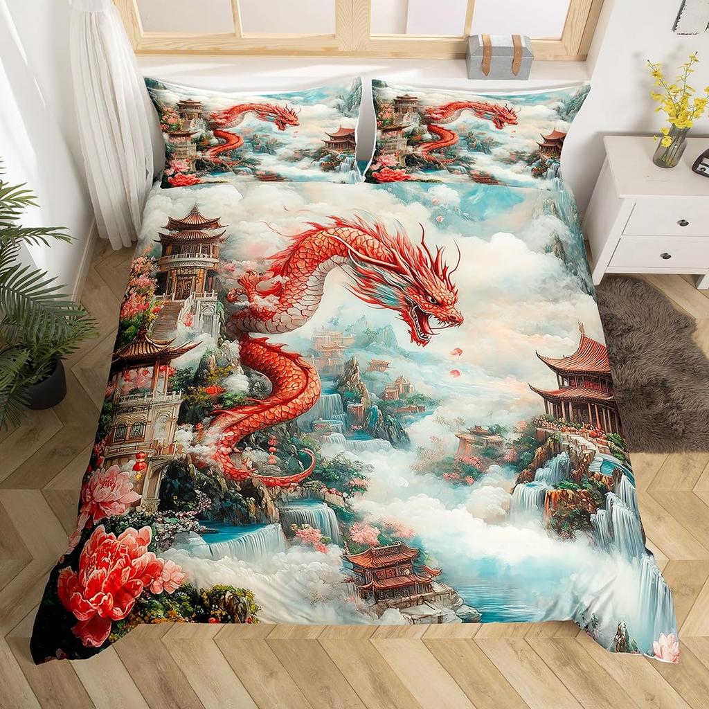 Ancient Chinese Architecture Duvet Cover for Teens Adults Quilt Covers Lightweight Down 2 Pillowcases 1 Duvet Cover No Comforter