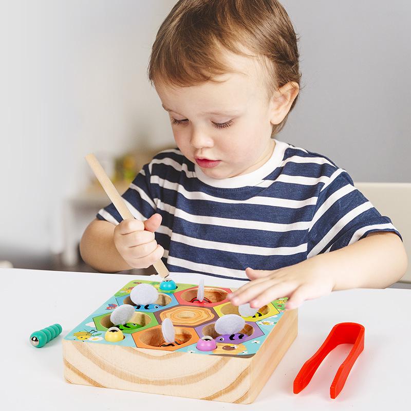 Kids' Wooden Beehive Fishing Toy - Ages 3+ for Concentration, Insect Catching, and Color Recognition