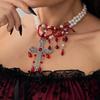 Salircon Goth Imitation Pearl Red Crystal Blood Drop Tassel Necklace Women Exaggerated Big Cross Pendant Chain Halloween Jewelry