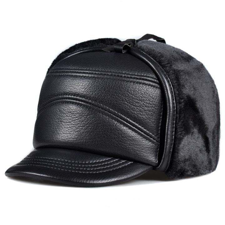 Herren Winterhut aus echtem Leder - Verdicktes Rindsleder im Lei-Feng-Stil mit Ohrenschutz für Senioren.