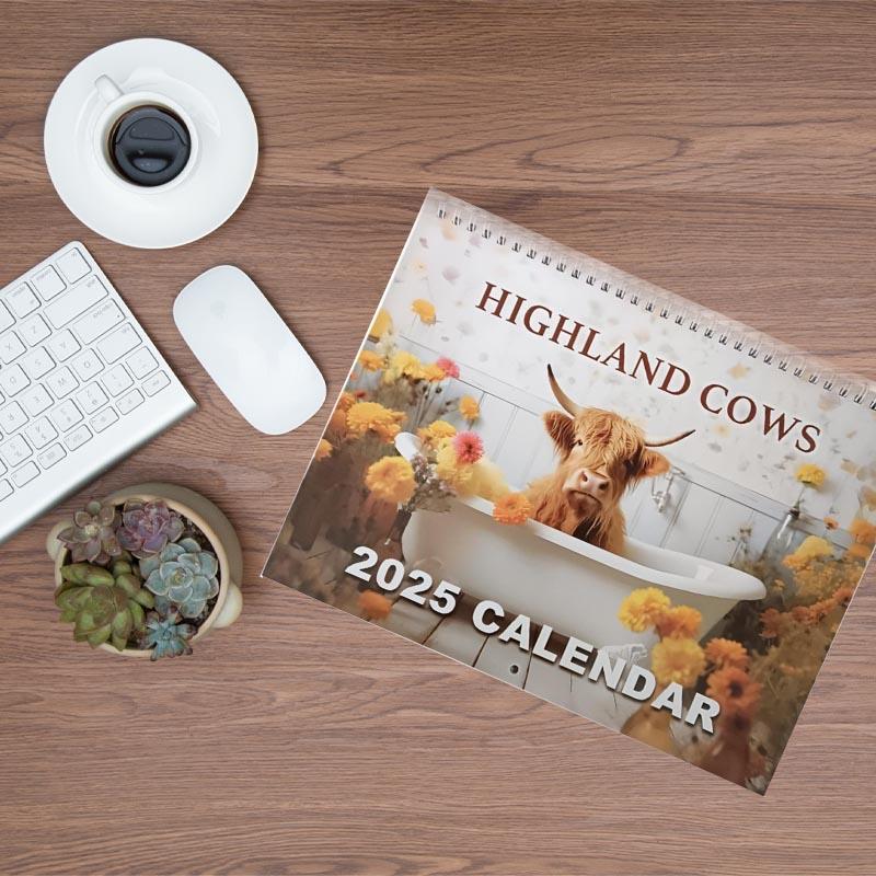 Highland Cows in Bathtubs 2025 Calendar, 2025 Animals Theme Hangable Calendar, Scottish Highland Cows Farm Calendar, Monthly Wall Calendar for Home