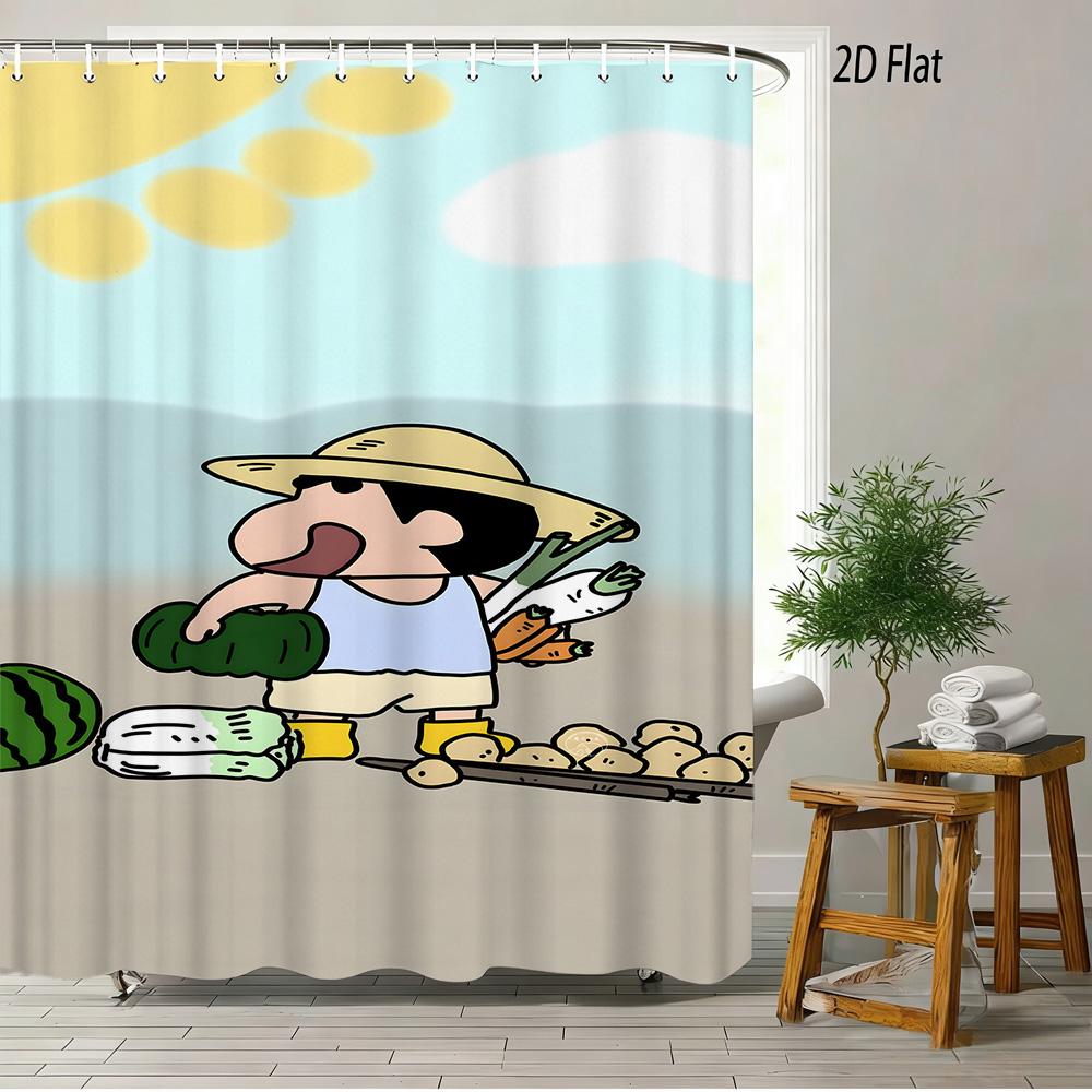 Crayon Shin-Chan Flame Ninja Z Themed 2D Print Waterproof Shower Curtain, Flying Shin-Chan With Family & Shiro Colorful Cityscap