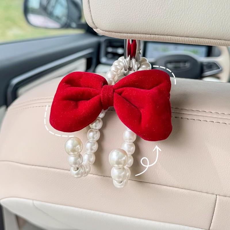 2pcs Car Rear Seat Hook White Pearl Cute Bow Hanger Hook Closed Design Auto Hook Stainless Steel Headrest Hooks Car Accessorie