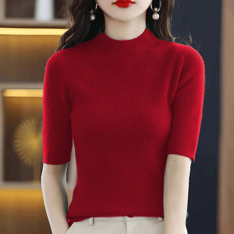 Women's Angola Red Slim Fit Knitted Pullover Sweater with Half-High Neck & Five-Sleeves for Spring & Autumn 2025.