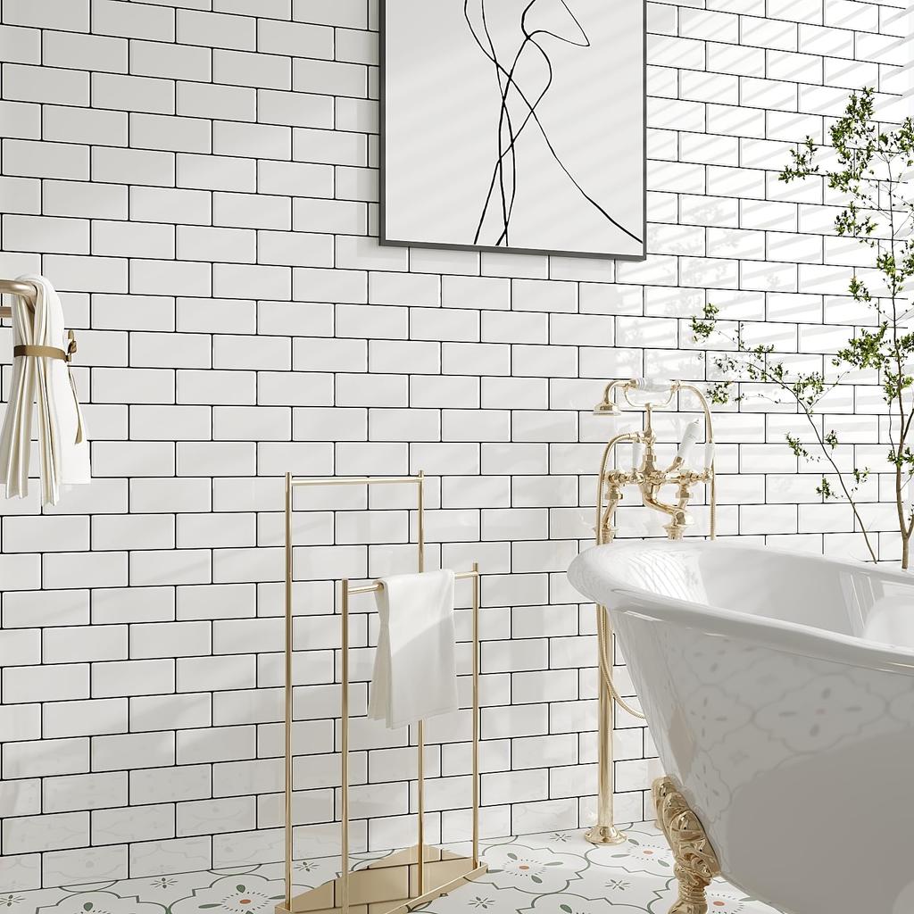 VEELIKE Waterproof Kitchen Tile Stickers, Heat Resistant, 6 Sheets, 30x30cm, Brick Pattern, White, Glossy, 3D Wallpaper Stickers, Wall Stickers, Mosai