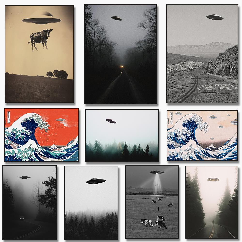 Czarna Noc UFO Plakat Malarstwo na Płótnie Druki Obcy Latający Spodek Aresztuje Ludzi Dziwna Ściana Dekoracja Domu Cuadros