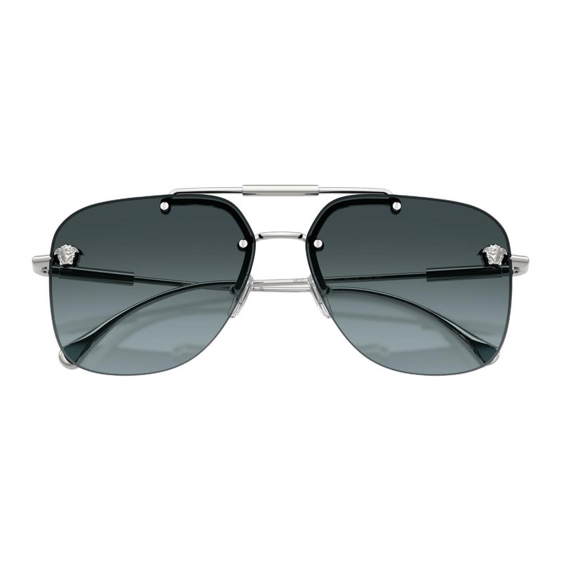 Versace Temple Lettering Metal Aviator Sunglasses Women's Silver 65990210 VE 2296 1000V1-Silver 60/14/145 - h.52