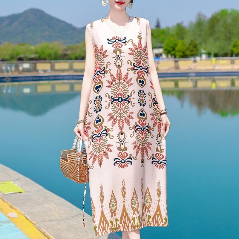 Women's Plus Size Sleeveless Boho Printed Long Dress – Casual Summer Dress (XL-5XL)