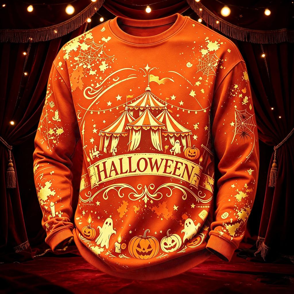 Men's Casual Round Neck Long Sleeve Top with Halloween Print