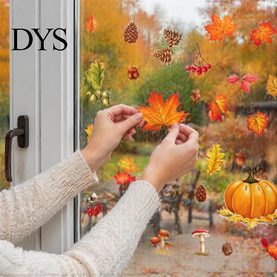 Pumpkin Harvest Wall Decor 5Pcs Autumn Maple Static Window Clings, Fall Stickers, Clings Glue-Free Removable for Thanksgiving Home Shop Glass