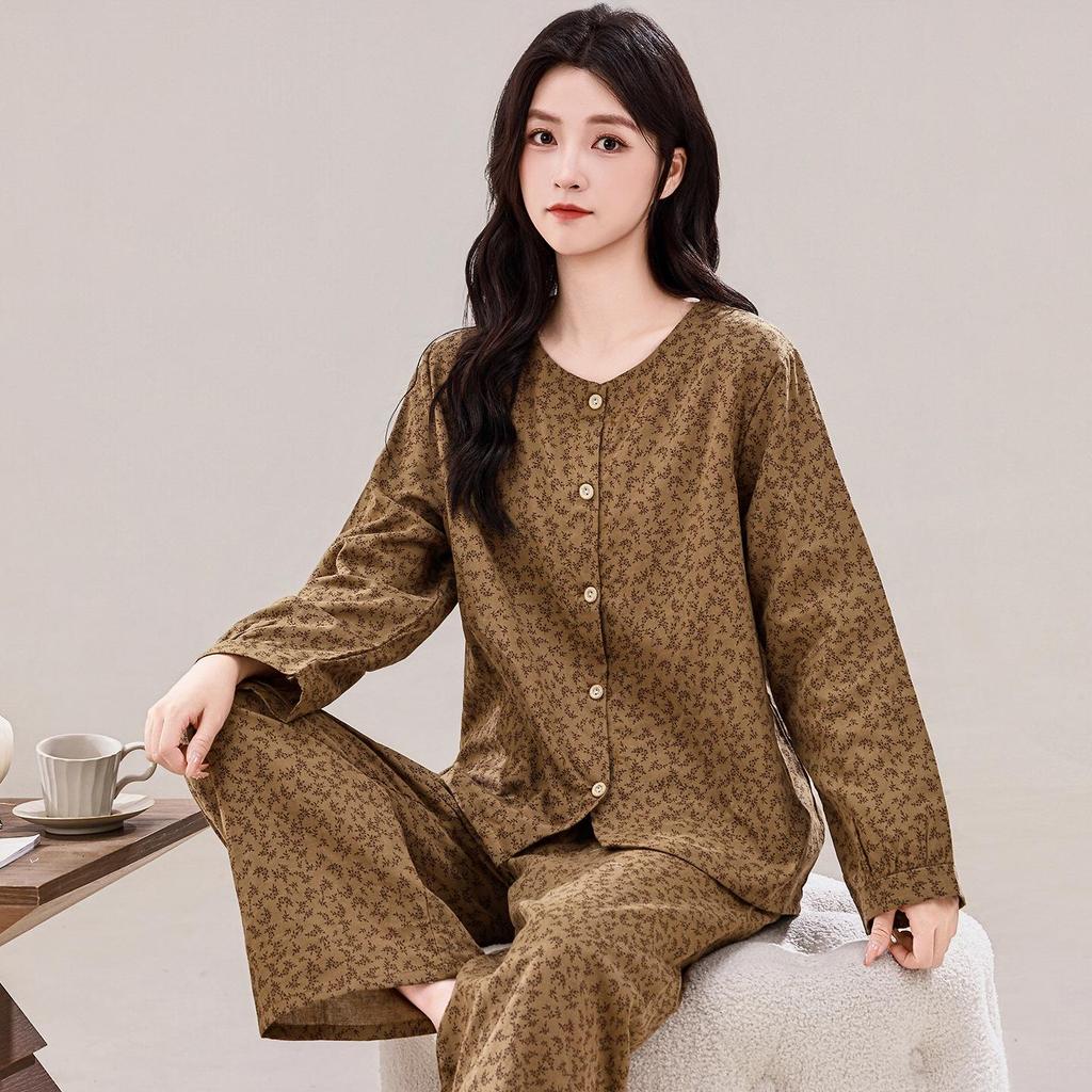 2025 Damen Herbst Baumwoll-Pyjama-Set: Langärmlig, Lange Hose, Doppellagiger Mull-Cardigan für Mama